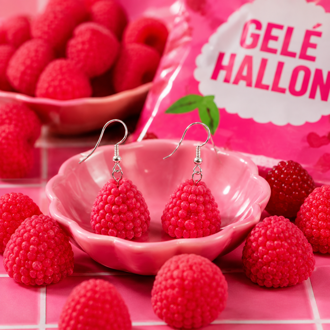 Ett par örhängen formade som röda geléhallon